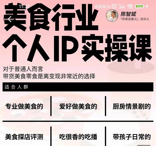 美食行业个人IP实操课，对于普通人而言，带货美食零食是离变现非常近的选择-大东资源库