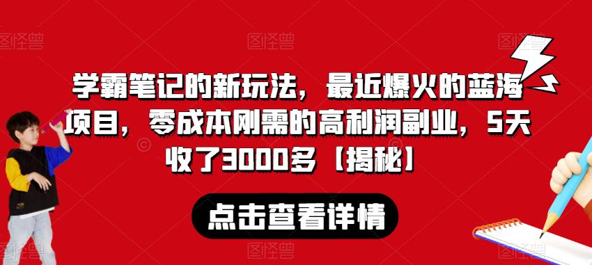学霸笔记的新玩法，最近爆火的蓝海项目，零成本刚需的高利润副业，5天收了3000多【揭秘】-大东资源库