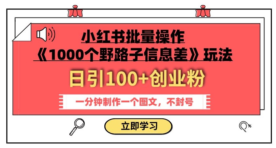 小红书批量操作《1000个野路子信息差》玩法，一分钟制作一个图文，不封号，日引100+创业粉-大东资源库