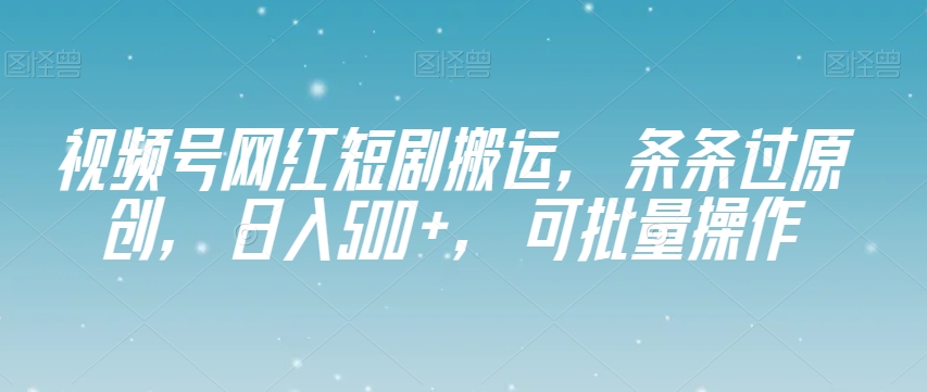 视频号网红短剧搬运，条条过原创，日入500+，可批量操作【揭秘】-大东资源库