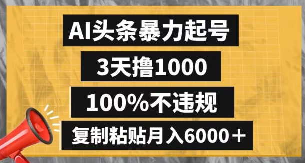 AI头条暴力起号，3天撸1000,100%不违规，复制粘贴月入6000＋【揭秘】-大东资源库