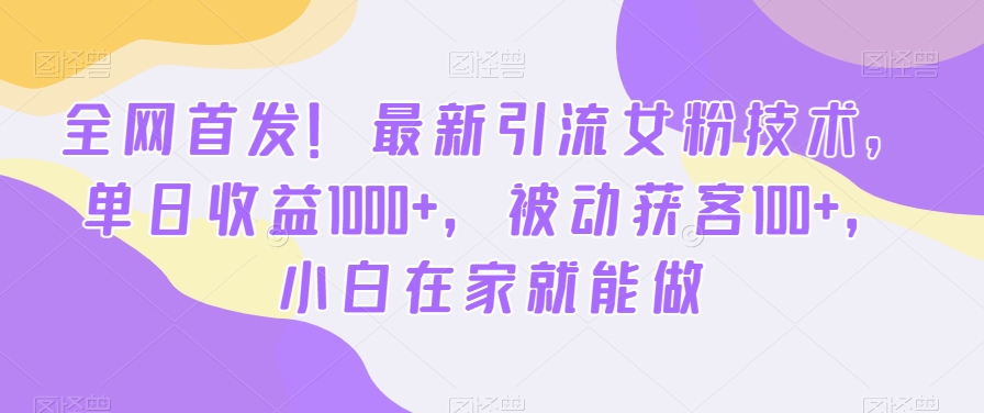 全网首发！最新引流女粉技术，单日收益1000+，被动获客100+，小白在家就能做【揭秘】-大东资源库
