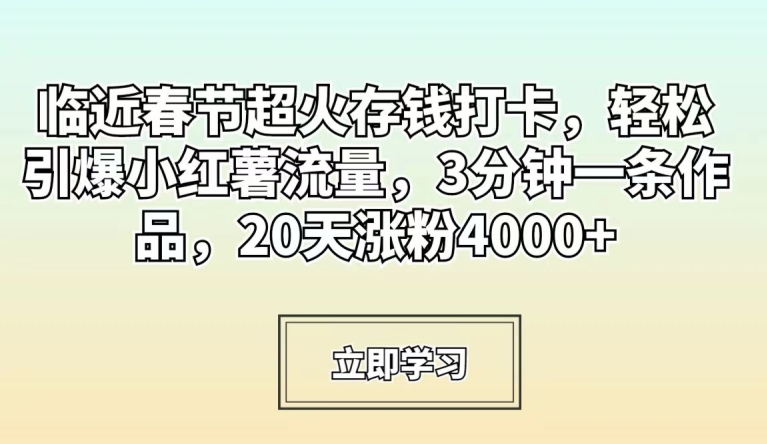 临近春节超火存钱打卡，轻松引爆小红薯流量，3分钟一条作品，20天涨粉4000+【揭秘】-大东资源库