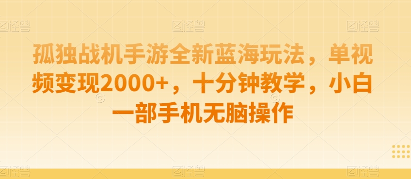孤独战机手游全新蓝海玩法，单视频变现2000+，十分钟教学，小白一部手机无脑操作【揭秘】-大东资源库