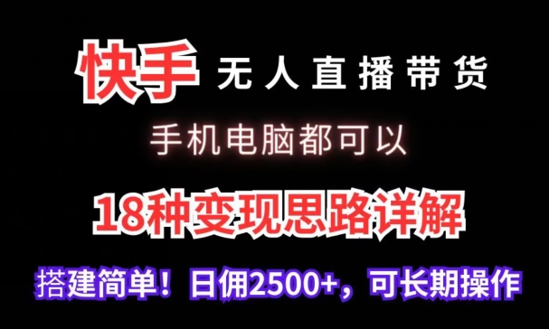 快手无人直播带货,手机电脑都可以,18种变现思路详解,搭建简单日佣2500+【揭秘】-大东资源库