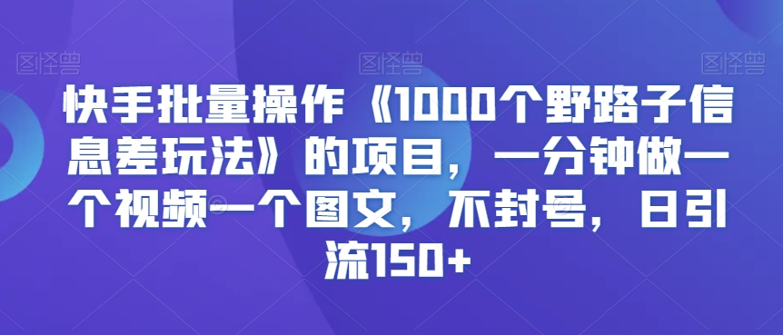 快手批量操作《1000个野路子信息差玩法》的项目，一分钟做一个视频一个图文，不封号，日引流150+【揭秘】-大东资源库