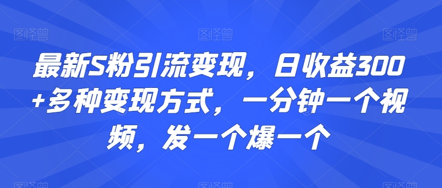 最新S粉引流变现，日收益300+多种变现方式，一分钟一个视频，发一个爆一个【揭秘】-大东资源库