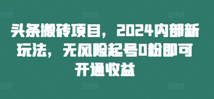 头条搬砖项目，2024内部新玩法，无风险起号0粉即可开通收益-大东资源库