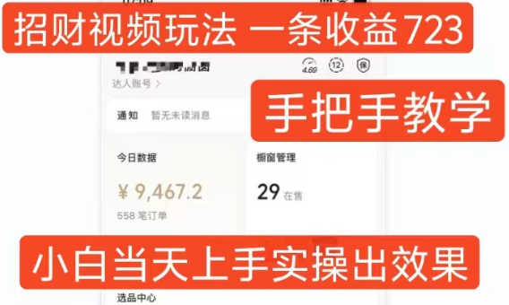招财视频玩法，一条视频收益723，手把手教学，小白当天可上手-大东资源库