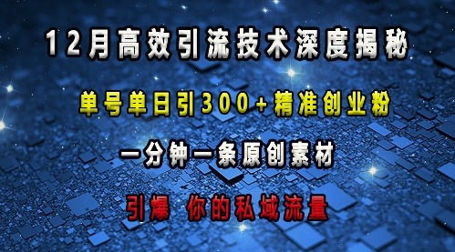 最新高效引流技术深度揭秘 ，单号单日引300+精准创业粉，一分钟一条原创素材，引爆你的私域流量-大东资源库