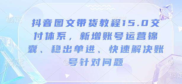 抖音图文带货教程15.0交付体系，新增账号运营锦囊、稳出单进、快速解决账号针对问题-大东资源库