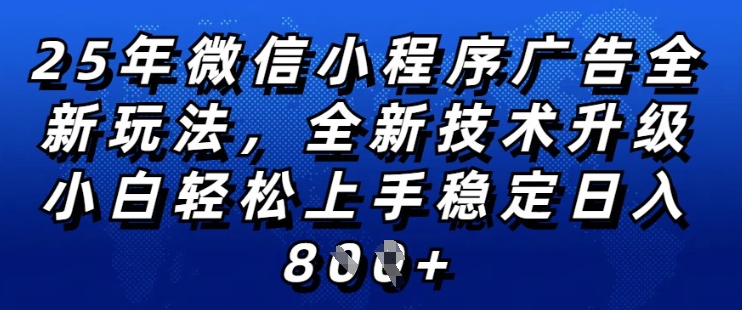 2025年微信小程序全新玩法纯小白易上手，稳定日入多张，技术全新升级，全网首发【揭秘】-大东资源库