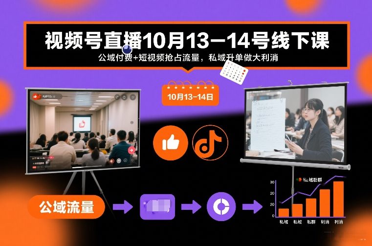 视频号直播10月13-14号线下课，公域付费+短视频抢占流量，私域升单做大利消-大东资源库