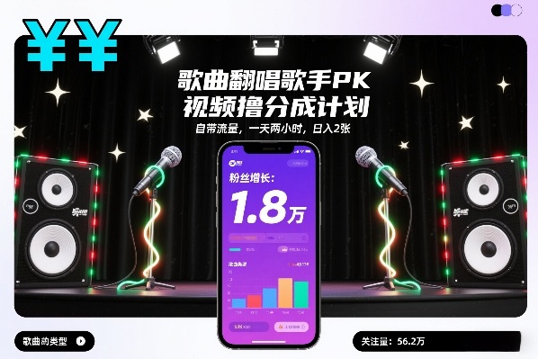 歌曲翻唱歌手PK视频撸分成计划，自带流量，一天两小时，日入2张-大东资源库