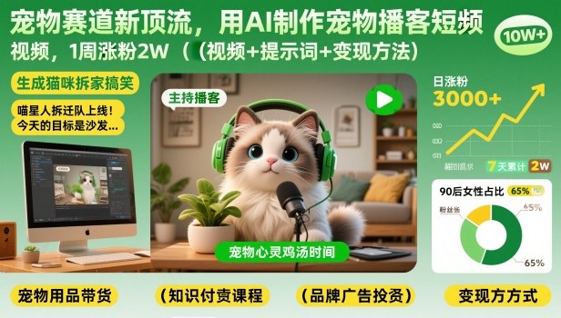 宠物赛道新顶流，用AI制作宠物播客短视频，1周涨粉2W（视频+提示词+变现方法）-大东资源库