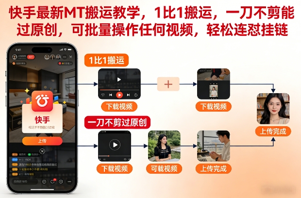 快手最新MT搬运教学，1比1搬运，一刀不剪能过原创，可批量操作任何视频，轻松连怼挂链-大东资源库