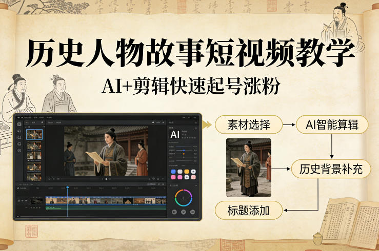 历史人物故事短视频教学，AI+剪辑制作历史人物题材短视频，快速起号涨粉-大东资源库