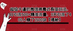 超级牛逼的微信病毒式裂变玩法，日引流500+精准流量，3天引流了400人赚了1500块【揭秘】-大东资源库
