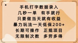 手机打字数据录入，几秒一单，有手就行，只要做当天就有收益，暴力玩法一天低保2张-大东资源库