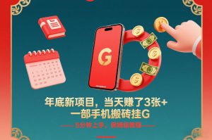 年底新项目，当天賺了3张+，一部手机搬砖挂G，5分钟上手，保姆级教程【揭秘】-大东资源库