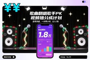 歌曲翻唱歌手PK视频撸分成计划，自带流量，一天两小时，日入2张-大东资源库