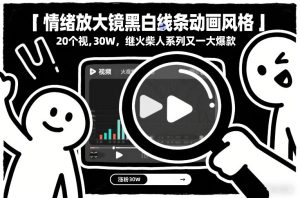 情绪放大镜黑白线条动画风格，20个视频，涨粉30W，继火柴人系列又一大爆款-大东资源库